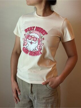 Stay Merry and Bright Santa Graphic Tee 100% Cotten- Cream with Pink Print